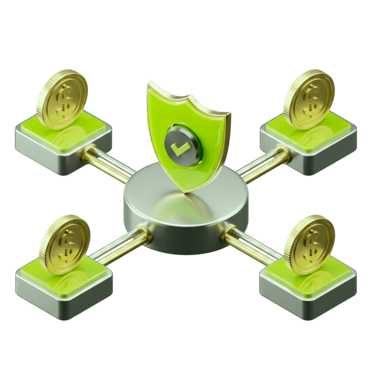 Un escudo conectado a monedas protegidas, que representa la seguridad de los fondos bajo regulación