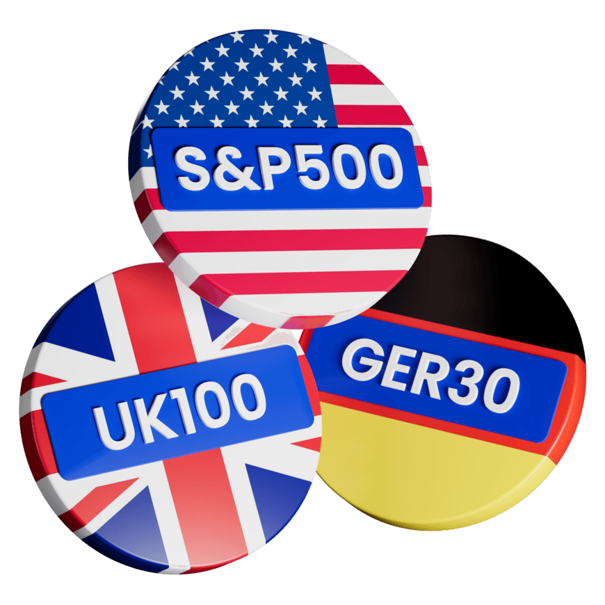 ภาพ 3D ตราสัญลักษณ์ดัชนี S&P 500, UK100 และ GER30