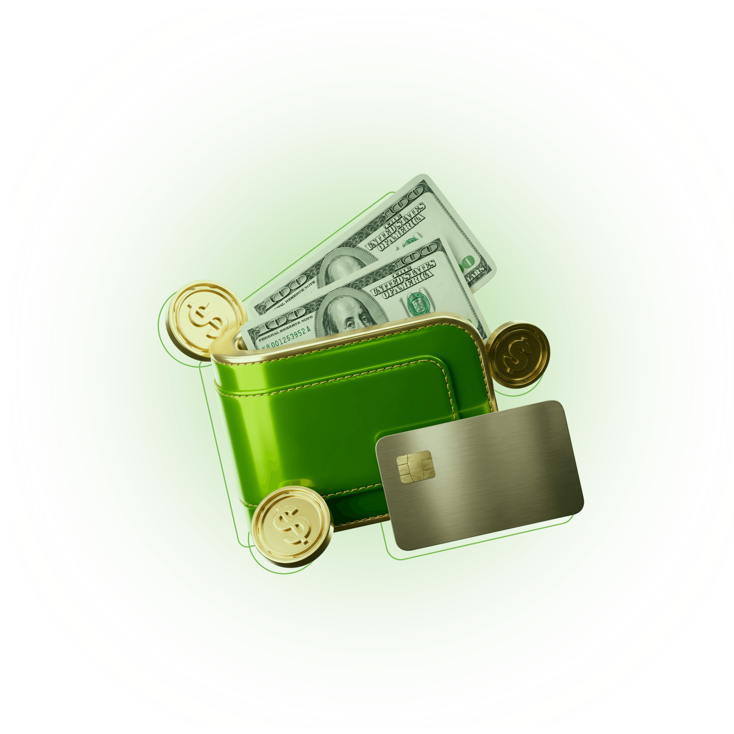 Monedero con billetes, monedas y una tarjeta que representan las recompensas de CXM Earn