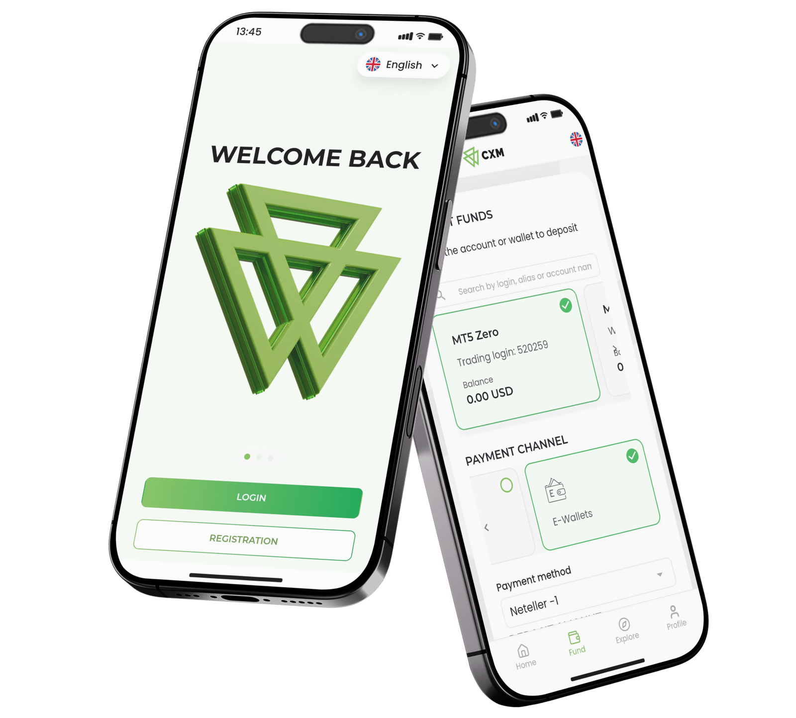 Aplicativo CXM Hub — telas de login e de conta em dois celulares