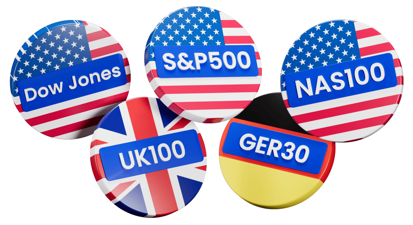 Emblemas de índices de ações globais — Dow Jones, S&P 500, NAS100, UK100 e GER30