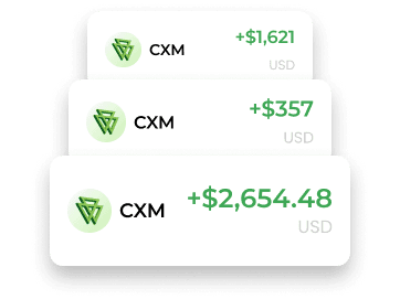 Histórico de transações de rebate da CXM mostrando pagamentos de US$1.621, US$357 e US$2.654,48